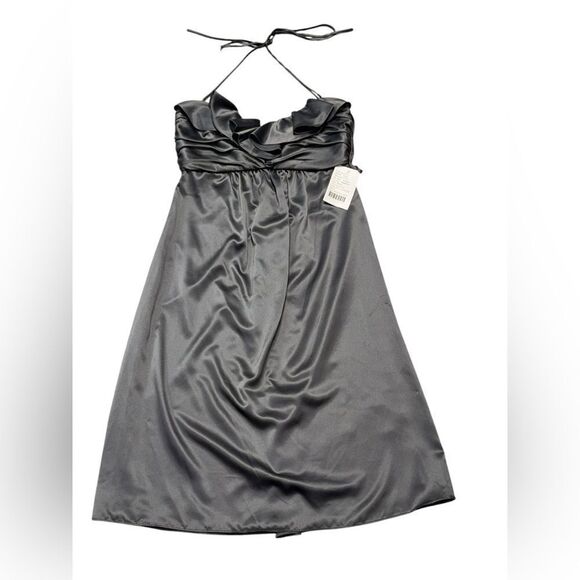 💃 NWT AMSALE charcoal Ruffle Trim Sweetheart neckline Halter Formal midi dress - Picture 1 of 7